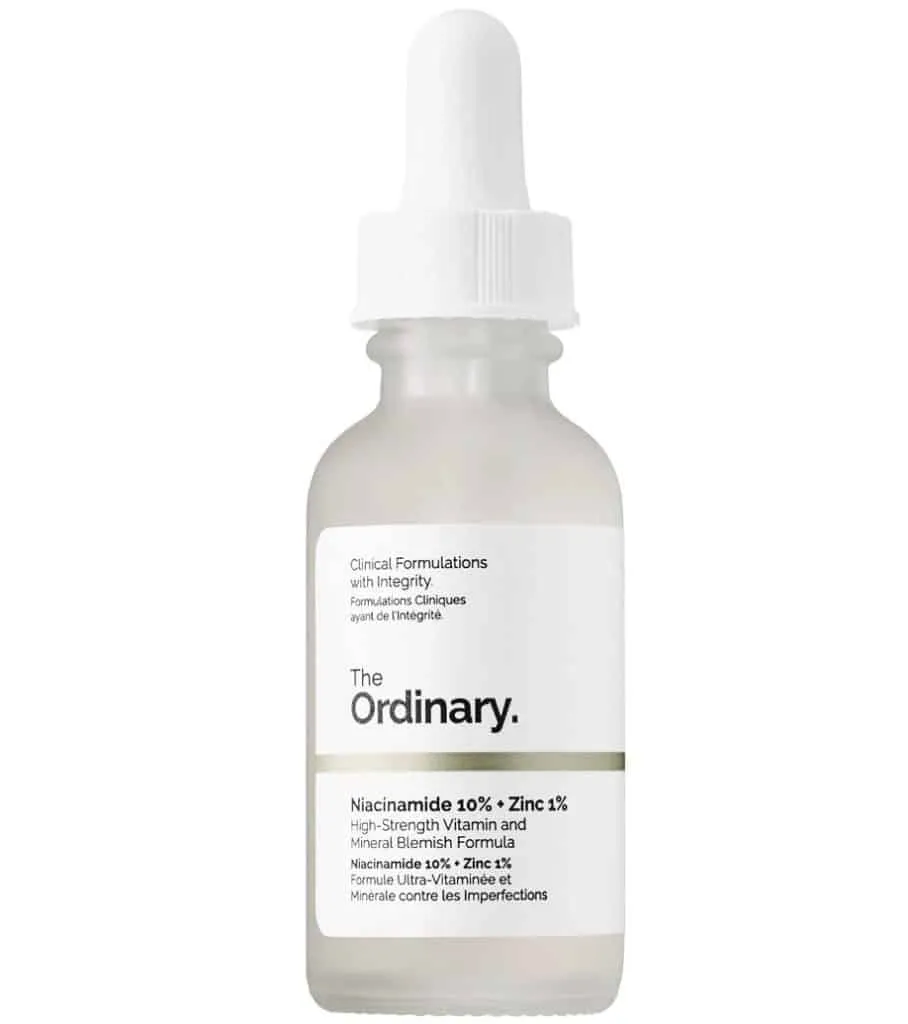 The Ordinary Niacinamide 10% + Zinc 1% serum in a frosted dropper bottle