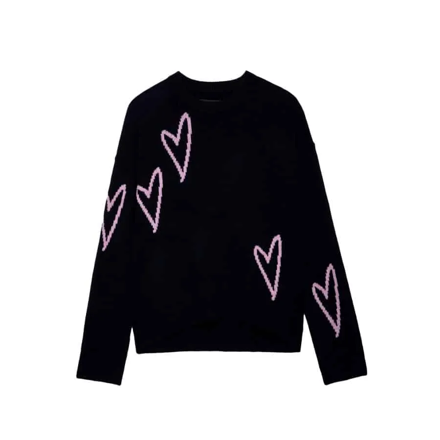 Black Zadig and Voltaire cashmere sweater with pink hearts on the sleeves