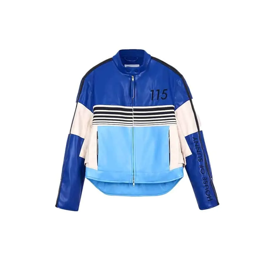 House of Sunny blue and cream leather racer jacket