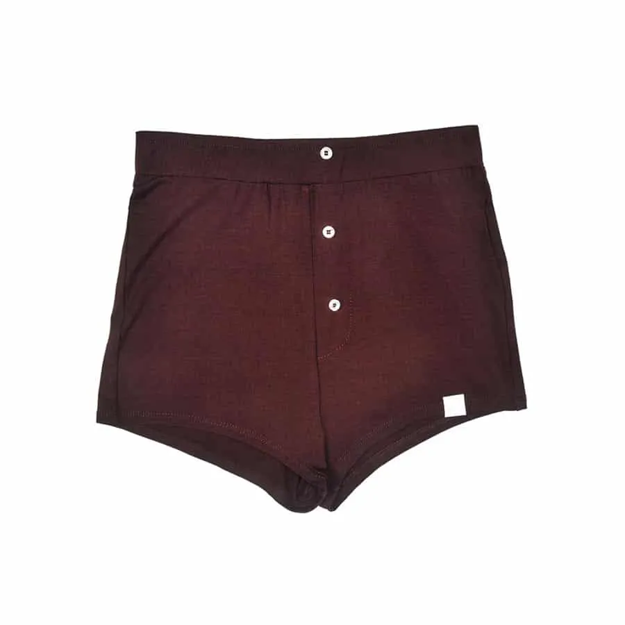 Brown My Mum Made It bamboo comfy shorts with a button front