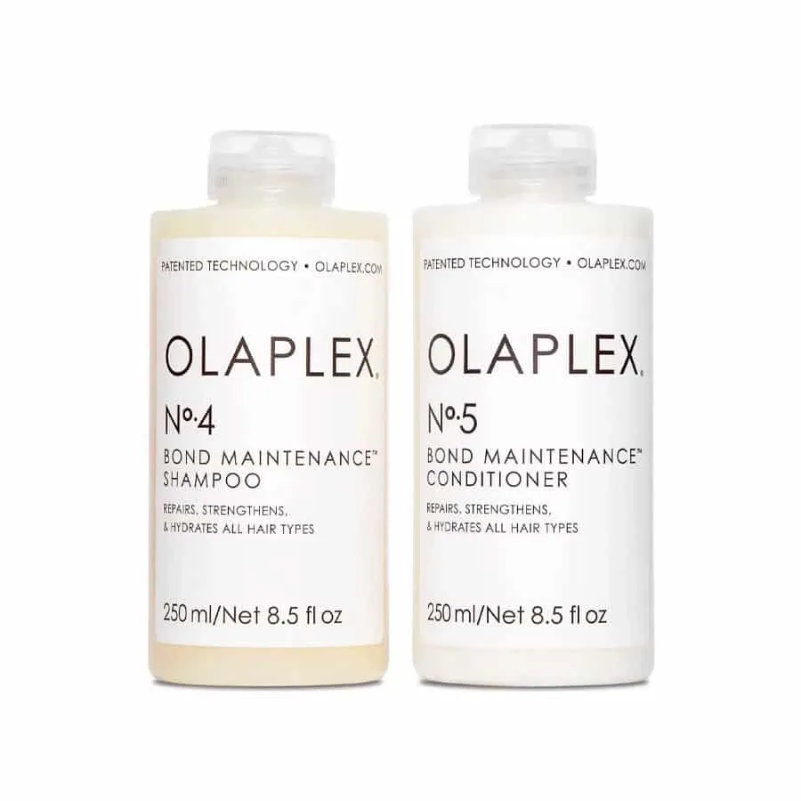 Olaplex No. 4 shampoo and No. 5 conditioner bottles