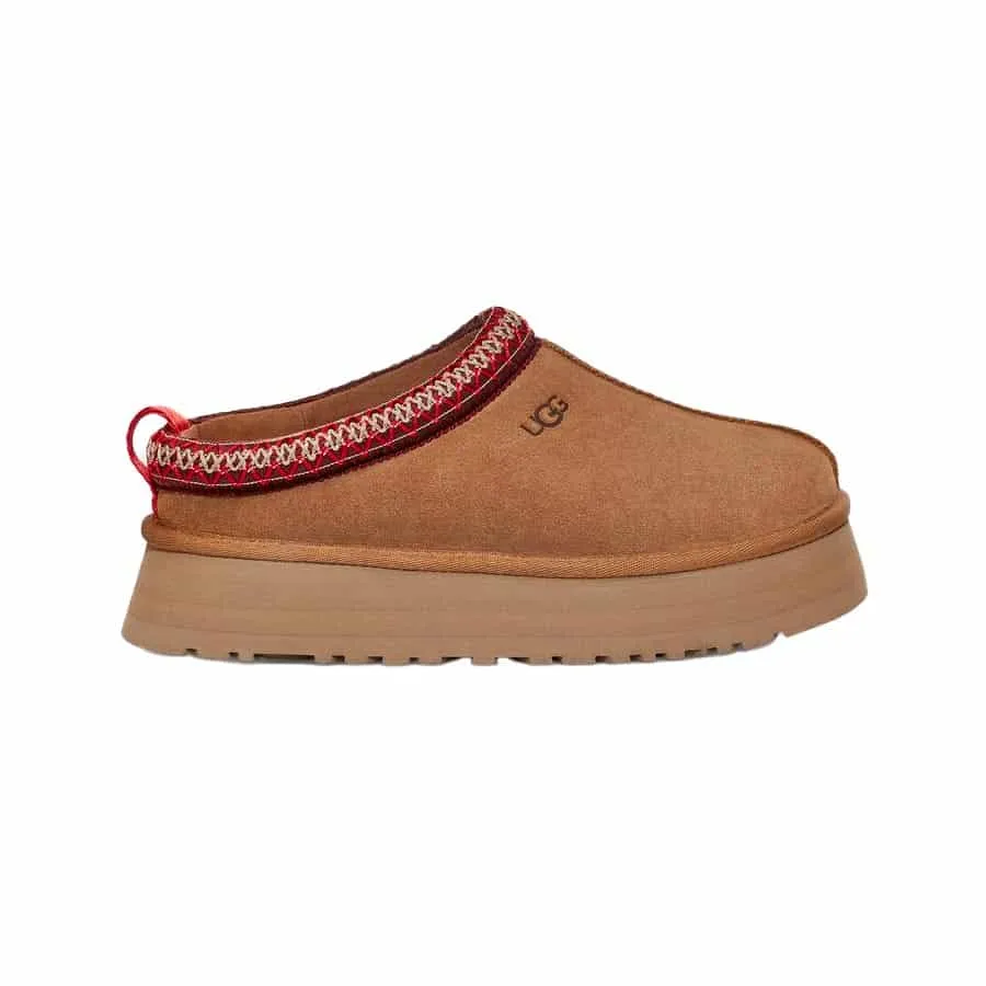 Chestnut UGG Tazz platform slipper with a red and black braided trim