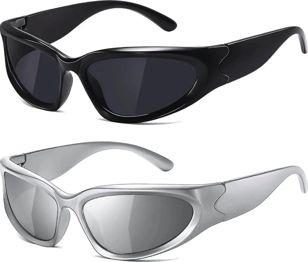 Two pairs of wraparound sunglasses, one black and one silver, on a white background