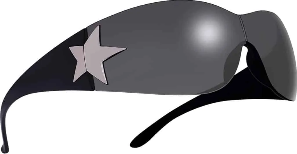 Black wraparound sunglasses with a silver star on the outer corner of the frame