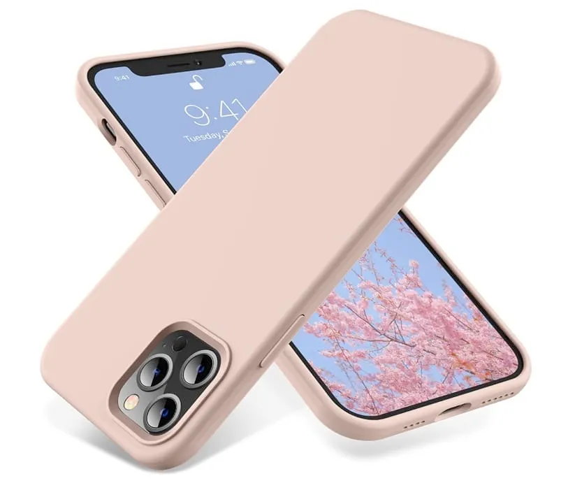 Two phones in matte light pink cases, one showing a cherry blossom wallpaper