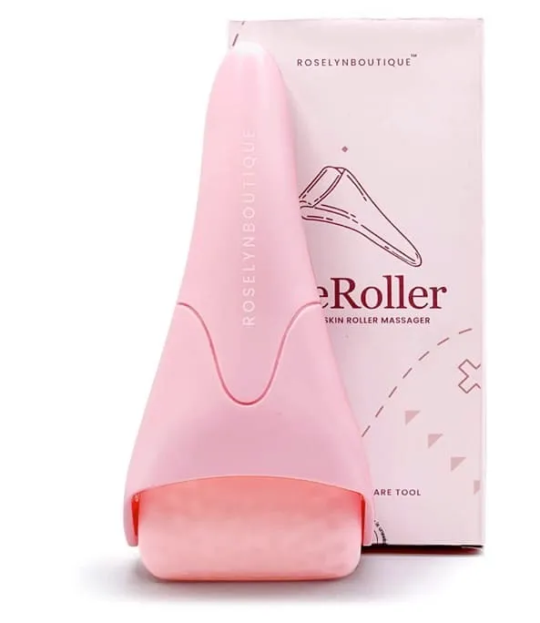 Pink ice roller standing in front of a Roselyn Boutique skin roller box