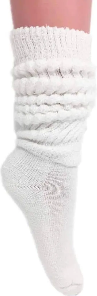 White slouchy knit sock scrunched down around an ankle