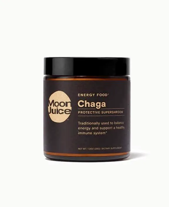 Amber jar of Moon Juice Chaga protective supershroom dietary supplement