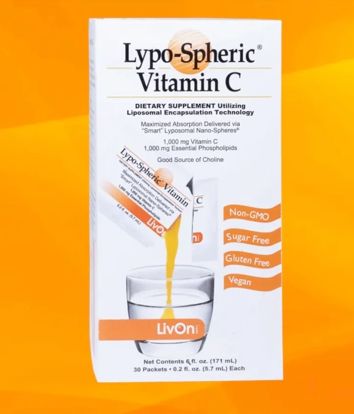 LivOn Labs Lypo-Spheric Vitamin C box with a packet pouring into a glass