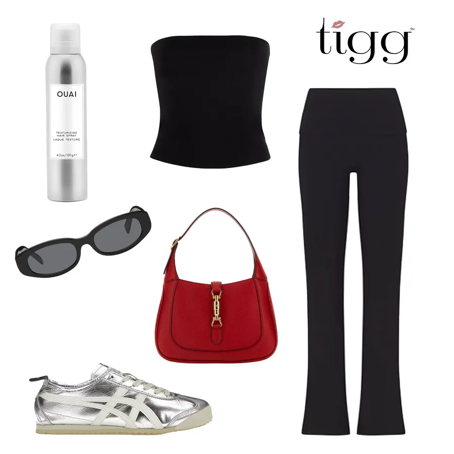 Outfit 1 collage: black tube top, black flared pants, red Jackie-style bag, silver sneakers, black oval sunglasses and OUAI texturizing hair spray
