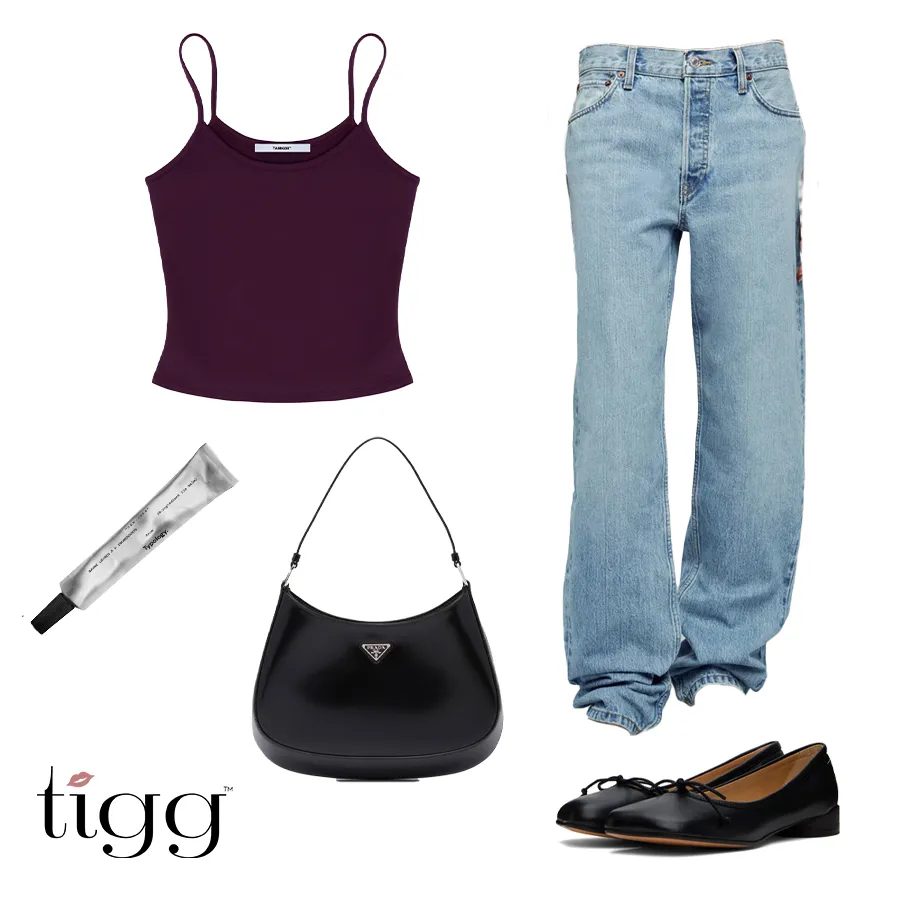 Outfit 2 collage: plum camisole, light-wash jeans, black Prada Cleo bag, black ballet flats and Typology lip balm