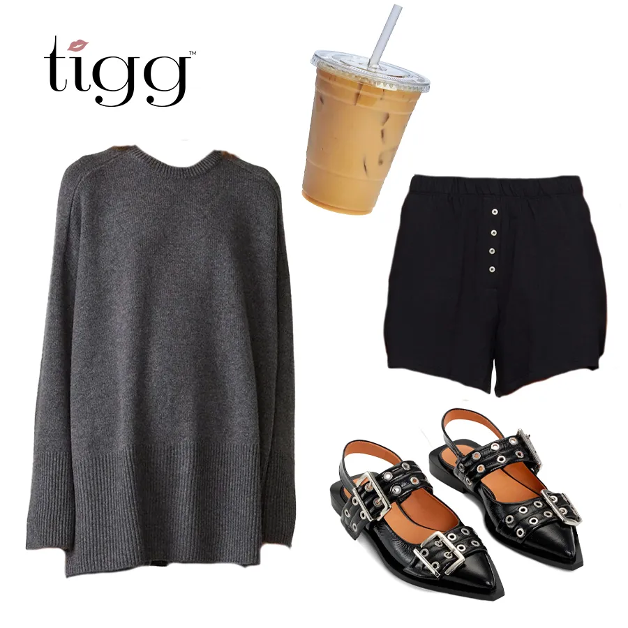 Outfit 3 collage: oversized grey sweater, black boxer shorts, black buckled slingback flats and an iced coffee cup