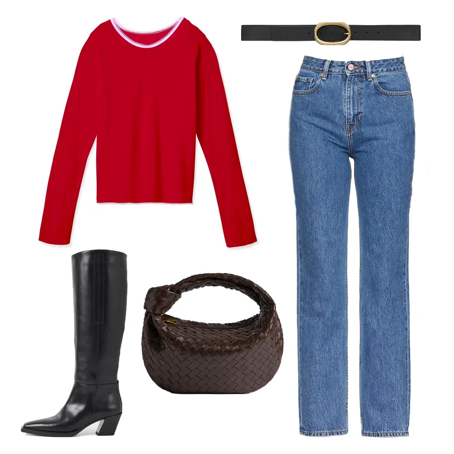 Outfit 4 collage: red long-sleeve top, medium-wash jeans, black knee-high boots, woven brown Jodie bag and thin black belt with gold buckle