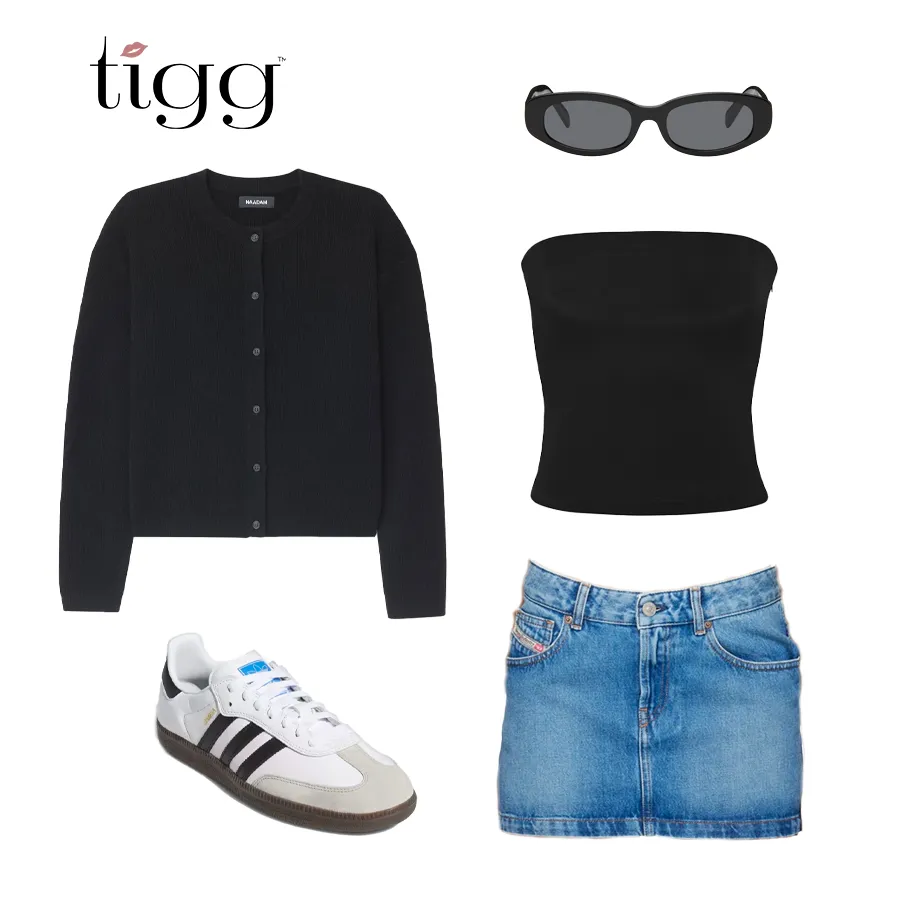 Outfit 5 collage: black Naadam cardigan, black tube top, light-wash denim mini skirt, black oval sunglasses and Adidas Samba sneakers