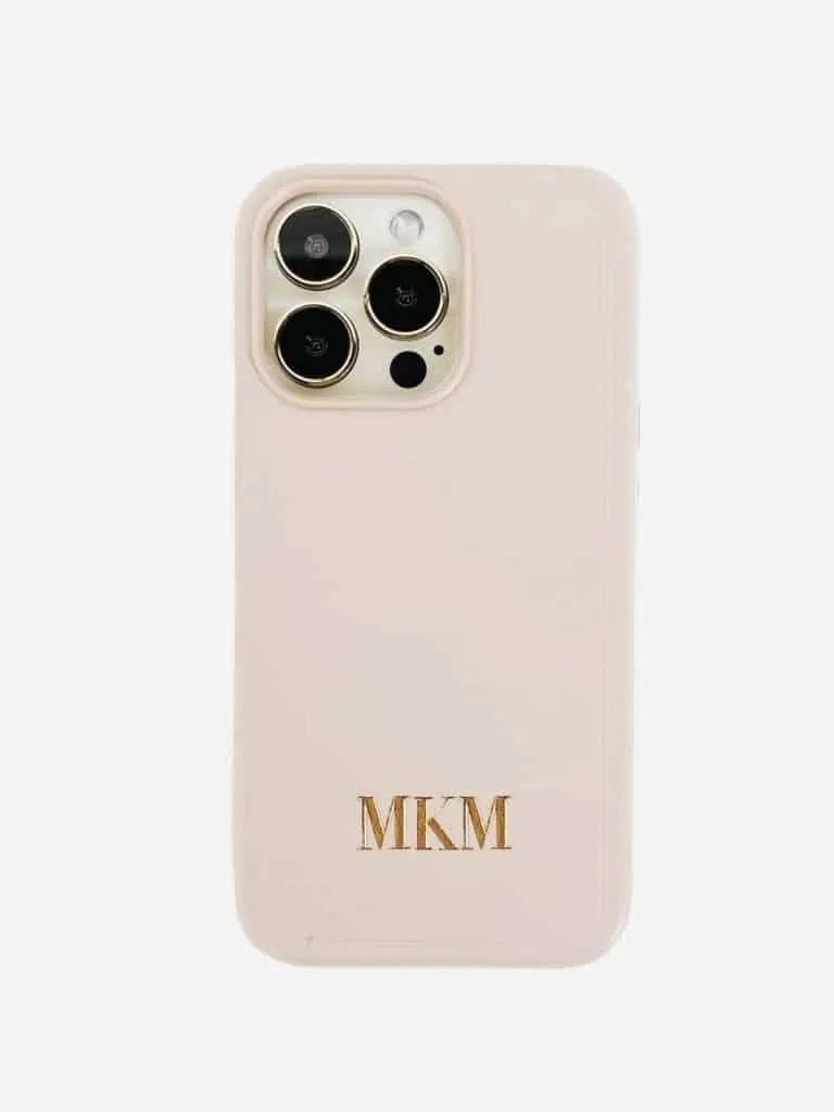 Cream leather phone case engraved with gold MKM initials