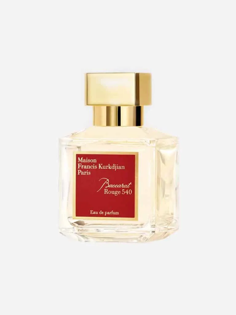 Bottle of Maison Francis Kurkdjian Baccarat Rouge 540 eau de parfum with a red label