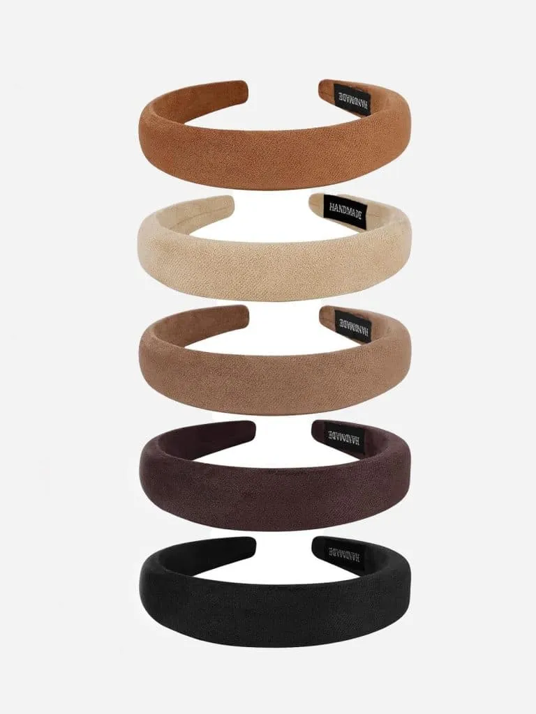 Stack of five padded headbands in tan, cream, brown, burgundy and black