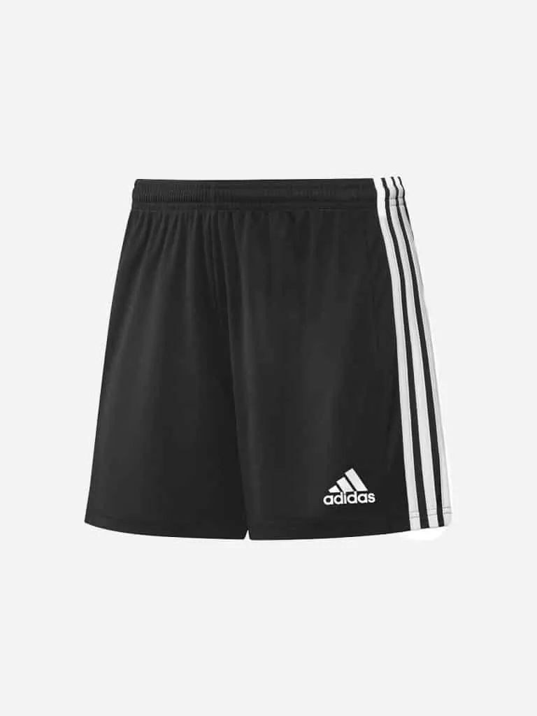 Black Adidas shorts with three white side stripes