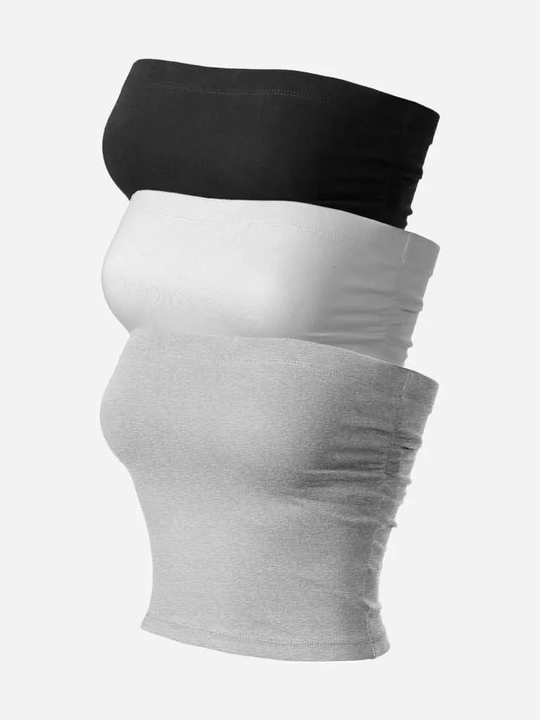 Stack of basic tube tops in black, white and grey