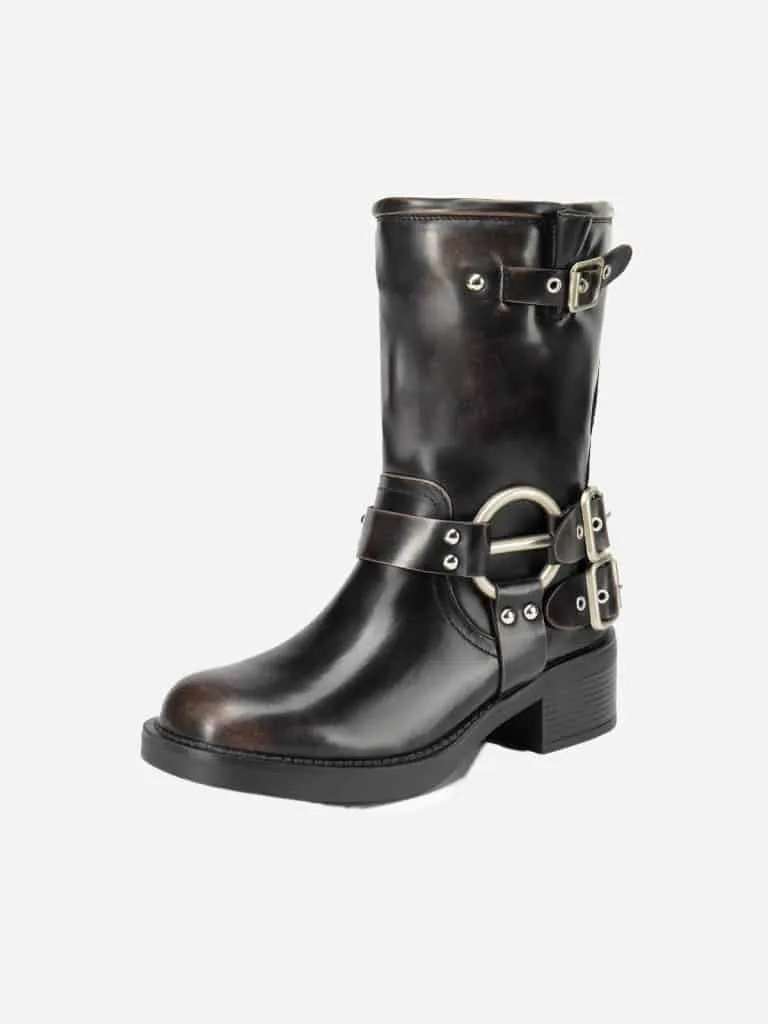 Black leather biker boot with silver buckle straps and a ring