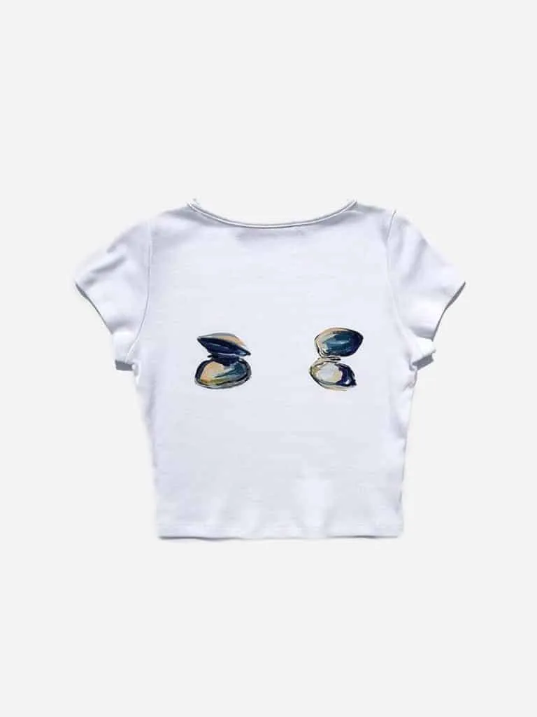 White cropped baby tee printed with two open shell graphics