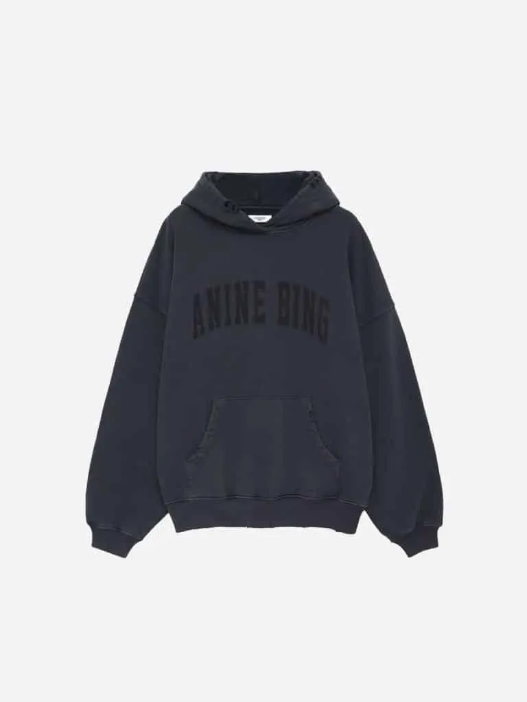 Anine Bing Harvey Sweatshirt, a faded black hoodie with tonal logo lettering
