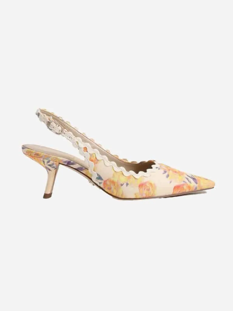 Sam Edelman Bianka floral print slingback kitten heel with white scalloped trim and a silver buckle