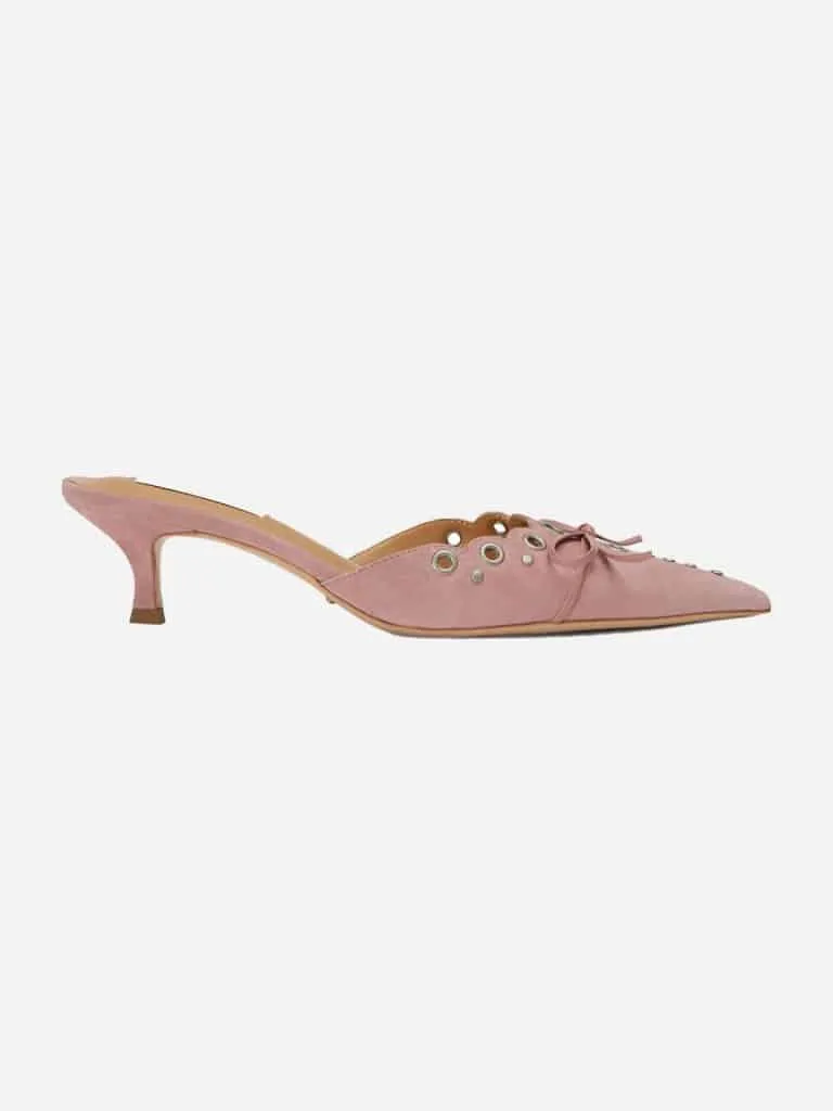 Dusty pink suede Tony Bianco Kae Blossom kitten heel mule with silver grommets and a small toe bow