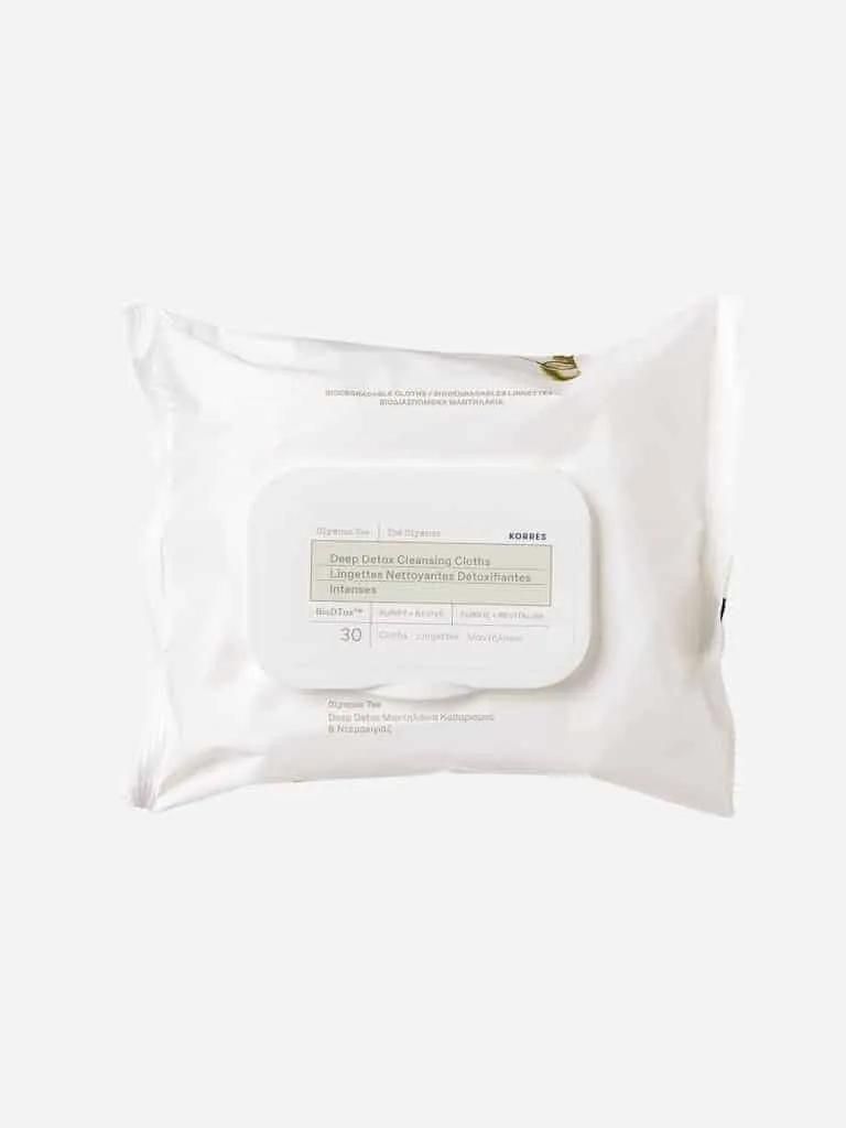 Korres Olympus Tea Cleansing Cloths in a white resealable pack