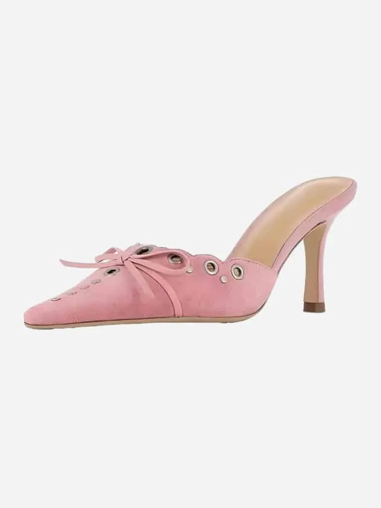 Pink faux suede pointed kitten heel mule with a bow