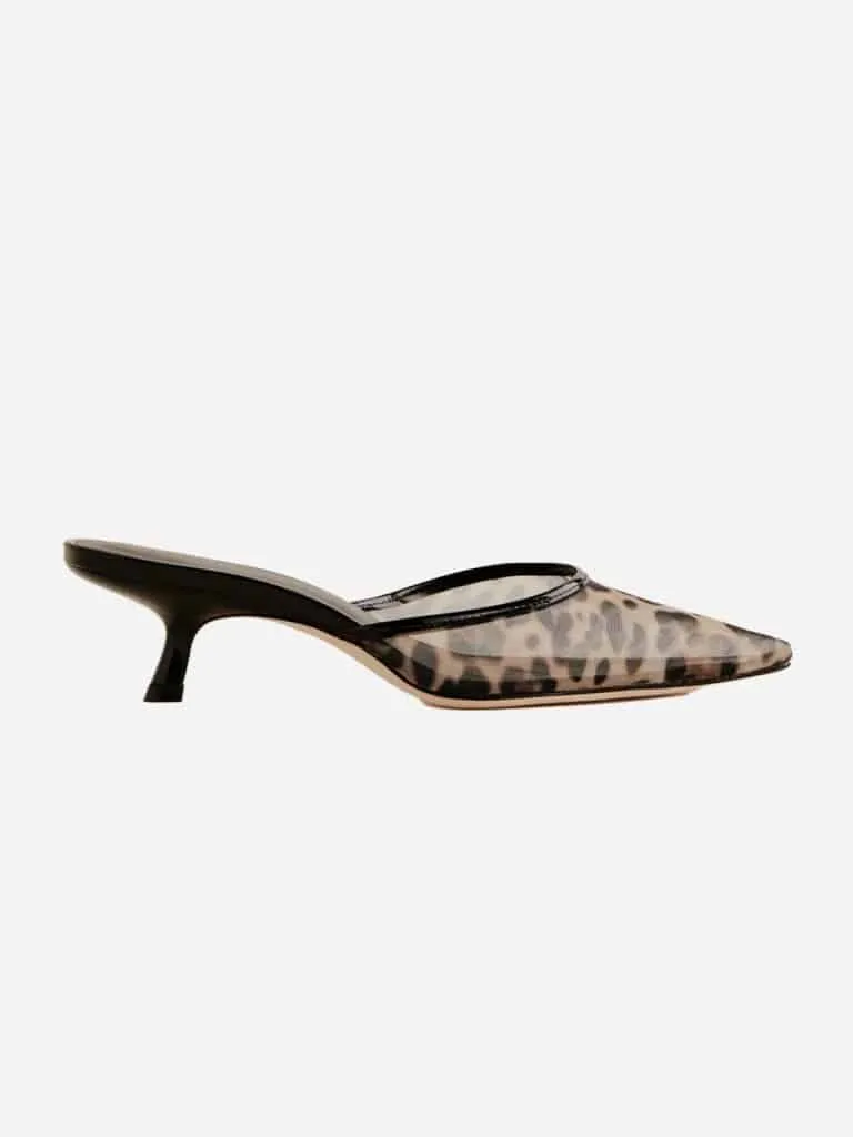 Leopard mesh Reformation Wilda kitten heel mule with black patent trim and a pointed toe