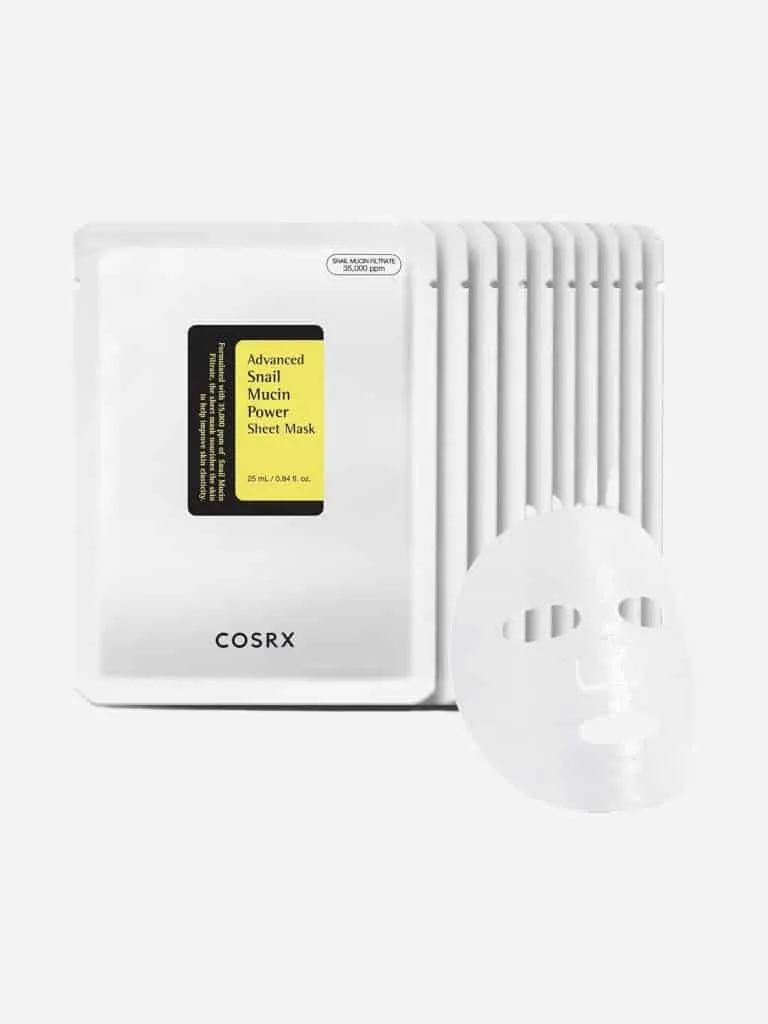 COSRX Advanced Snail Mucin Power Sheet Mask packs with an unfolded sheet mask
