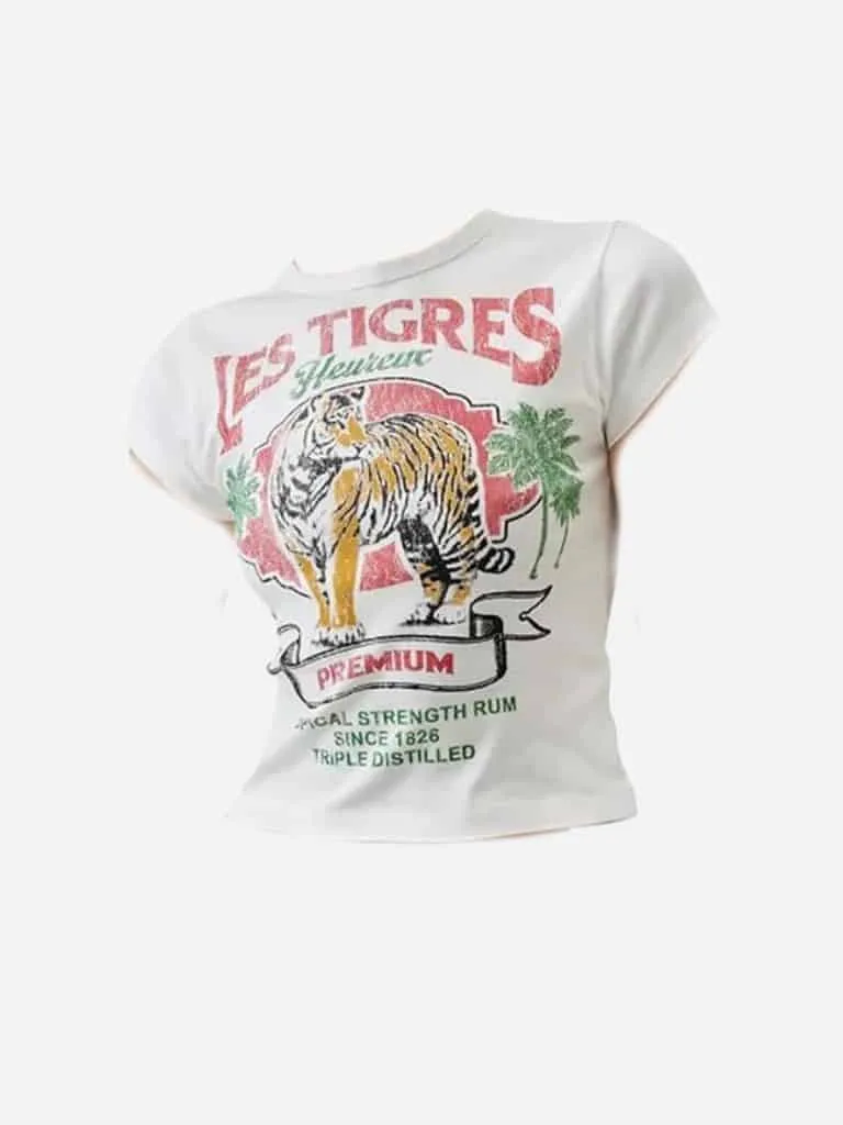 White baby tee with a vintage Les Tigres tiger graphic