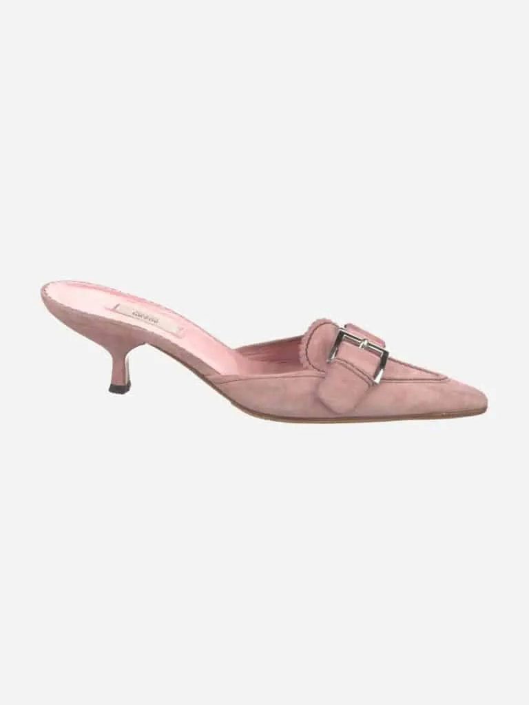 Dusty rose vintage Prada suede kitten heel mule with a silver buckle strap across the vamp