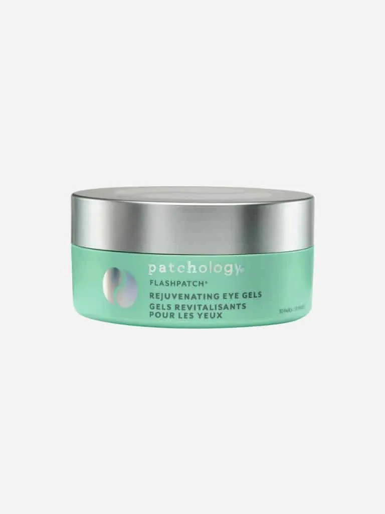 Jar of Patchology FlashPatch Rejuvenating Eye Gels with a mint green base and silver lid