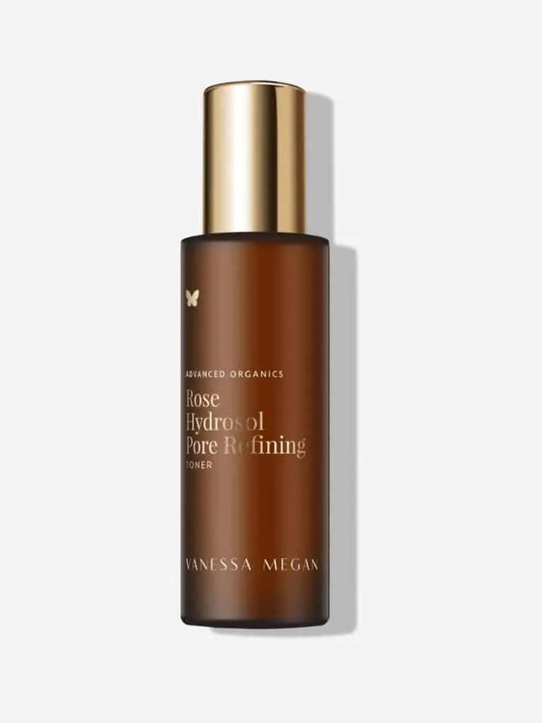 Vanessa Megan Rose Hydrosol Pore Refining Toner in an amber glass bottle with a gold cap