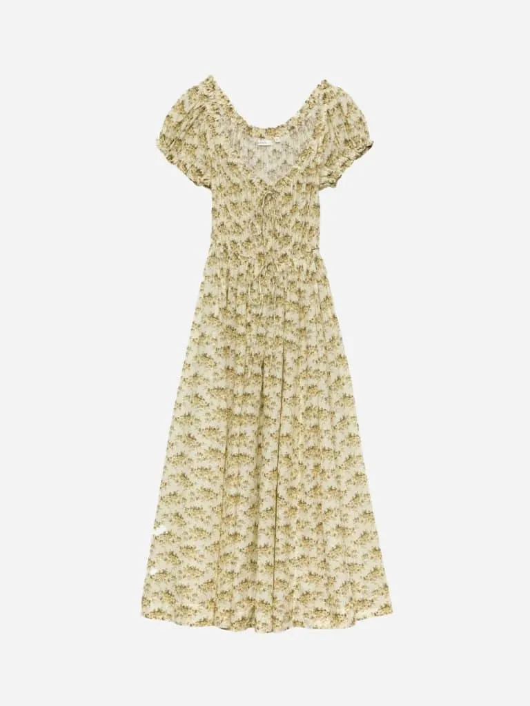 DÔEN Ashlynn Dress in Citron Rosier Floral: a pale yellow floral maxi with flutter sleeves