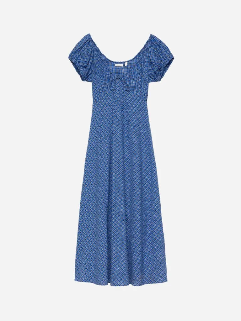 DÔEN Sofia Dress in Cassis Check: a blue puff-sleeve midi with a scoop neckline and tie