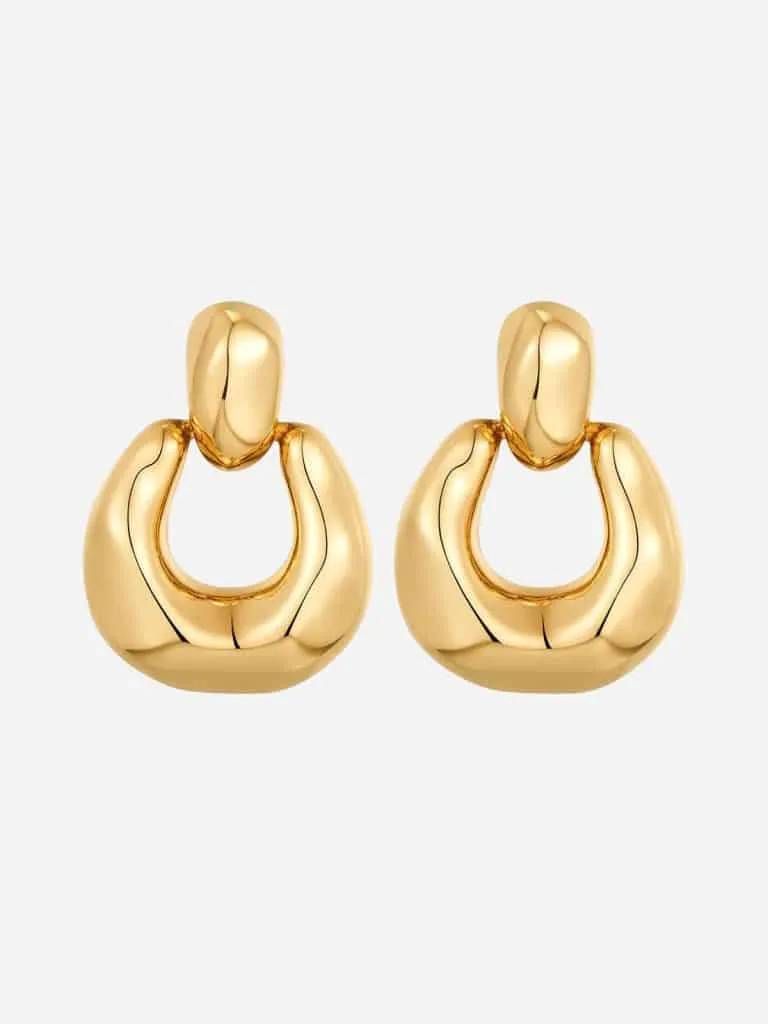 Pair of polished gold door-knocker hoop earrings with a puffy U-shaped drop