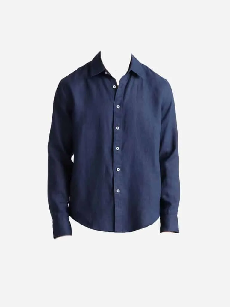 Navy linen Quince long-sleeve button-down shirt on a ghost mannequin