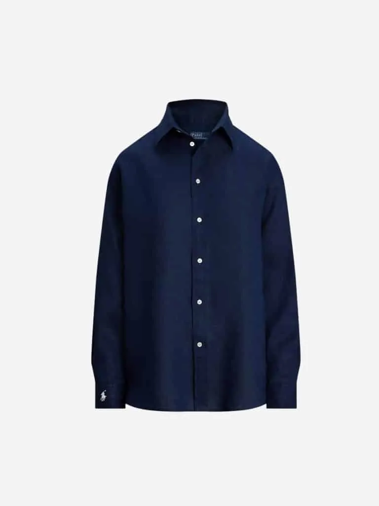 Navy linen Ralph Lauren button-down shirt with white buttons and a polo player logo on the sleeve