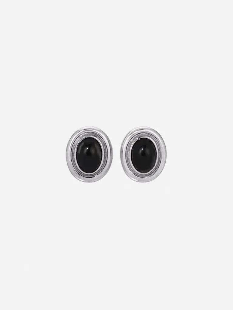 Heaven Mayhem Prize earrings, oval black stones set in silver
