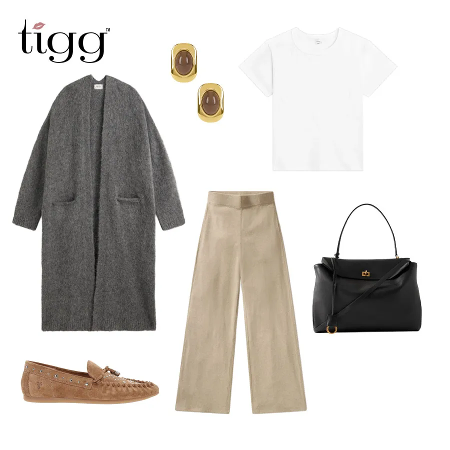 Look 1 flat lay: beige knit pants, white tee, long grey cardigan, black Balenciaga tote, studded suede loafers and gold earrings