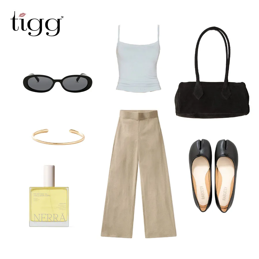 Look 2 flat lay: beige knit pants, dusty blue tank, black suede shoulder bag, black tabi flats, oval sunglasses, gold cuff and body oil