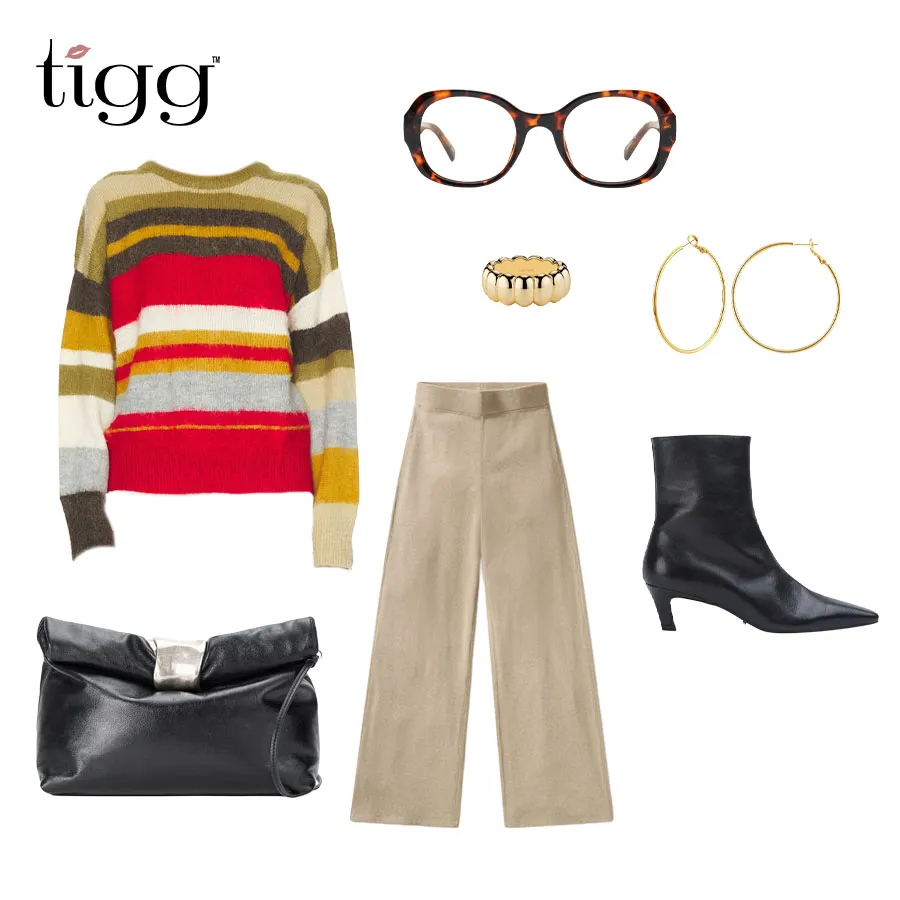 Look 3 flat lay: beige knit pants, striped sweater, black clutch, black kitten heel boots, tortoiseshell glasses, gold hoops and ring