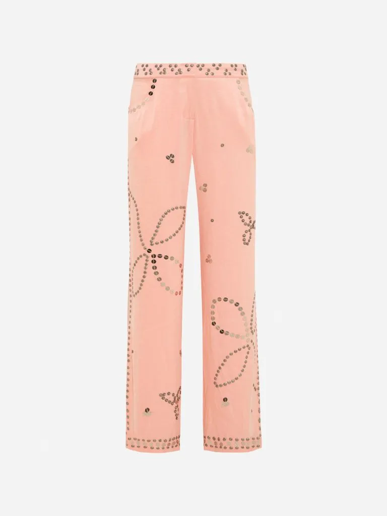 Siedrés Brity Pant in peach with silver stud butterfly motifs and studded hems