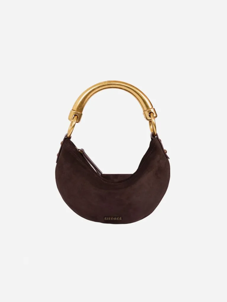 Siedrés Chérie Small bag in chocolate suede with a sculptural gold handle