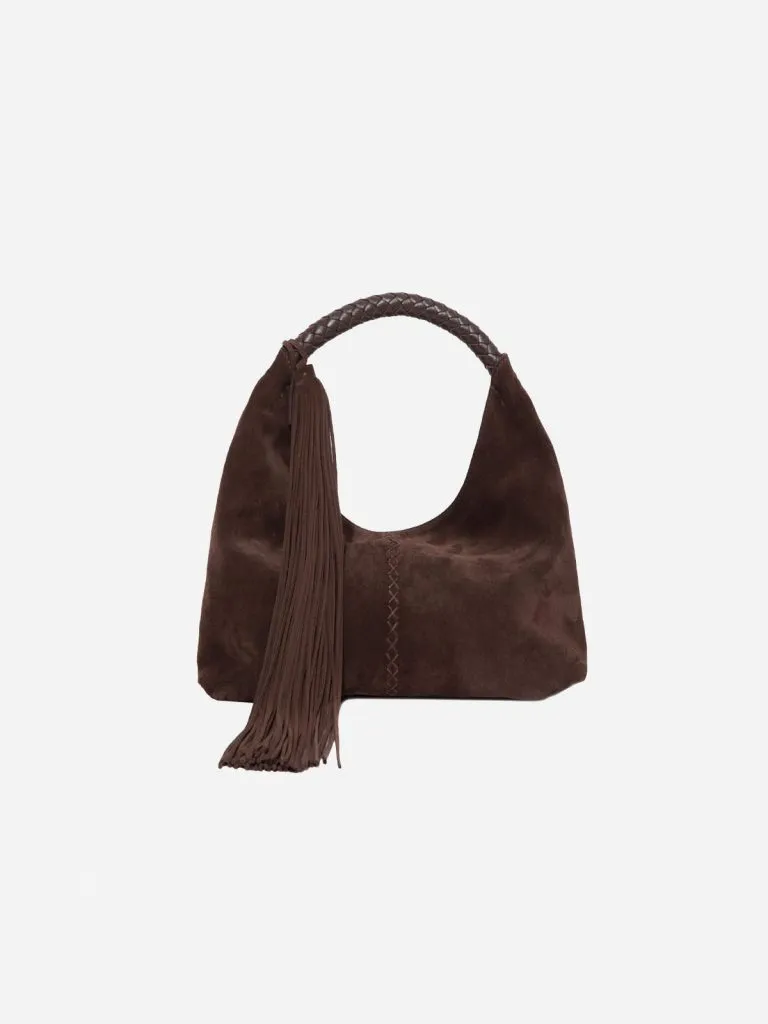 Siedrés Mini Galia bag in brown suede with a woven handle and long fringe tassel