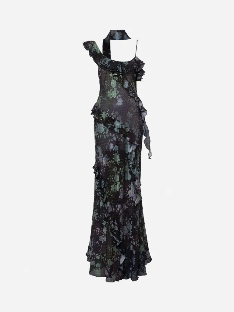 Siedrés Monica Dress, a dark floral chiffon maxi with cascading ruffles