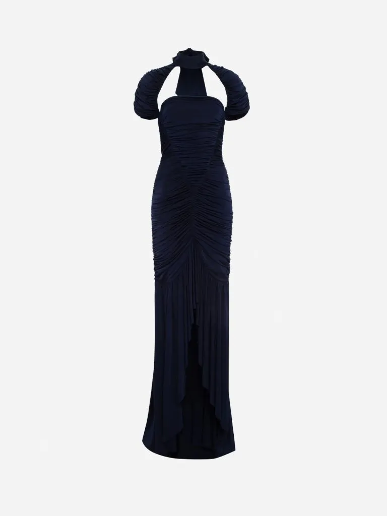 Siedrés Roxy Dress in navy ruched jersey with cold-shoulder sleeves and a high-low hem